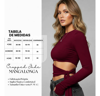 Cropped Manga Longa Feminino Amarração Cintura Moda Gringa