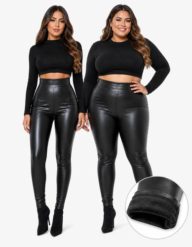 Calça Couro Fake Courino Preta Modeladora Flanelada Premium