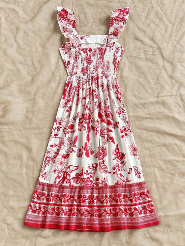 Long Dress with Straps, Ruffles, and Floral Print for Women