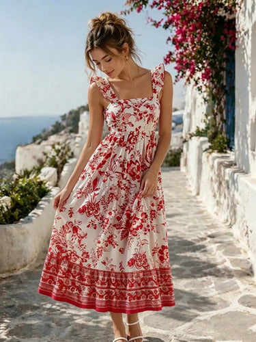 Long Dress with Straps, Ruffles, and Floral Print for Women