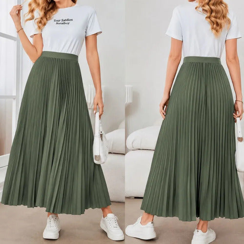 Saia Longa Feminina Plissada Cintura Alta Moda Evangélica