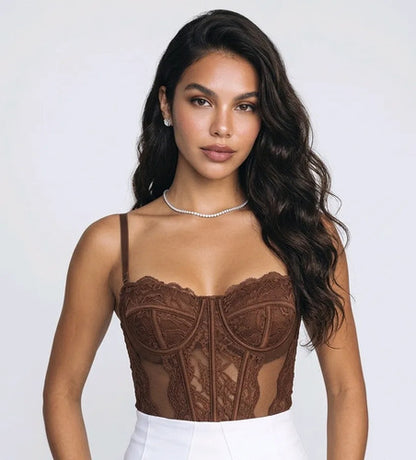 Corset Renda Feminino Alça Cropped Sexy Corpete Blusa Top