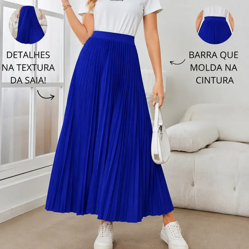 Saia Longa Feminina Plissada Cintura Alta Moda Evangélica