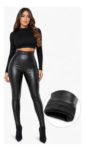 Calça Couro Fake Courino Preta Modeladora Flanelada Premium