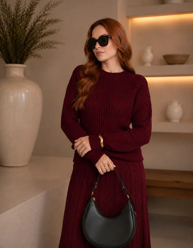 Conjunto Feminino Em Tricô Saia Blusa Manga Longa Quentinho