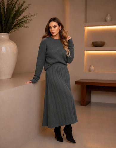 Conjunto Feminino Em Tricô Saia Blusa Manga Longa Quentinho
