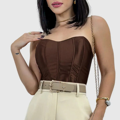 Cropped Corset Feminino Bico Acetinado Luxo Amarração Top