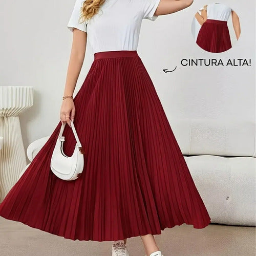 Saia Longa Feminina Plissada Cintura Alta Moda Evangélica