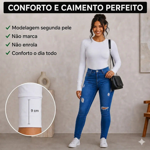 Body Feminino Manga Longa Gola Careca Liso Modelador Collant