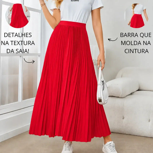 Saia Longa Feminina Plissada Cintura Alta Moda Evangélica