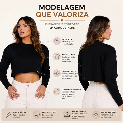 Blusa Cropped Manga Longa Feminino Gola Alta Suedine Premium