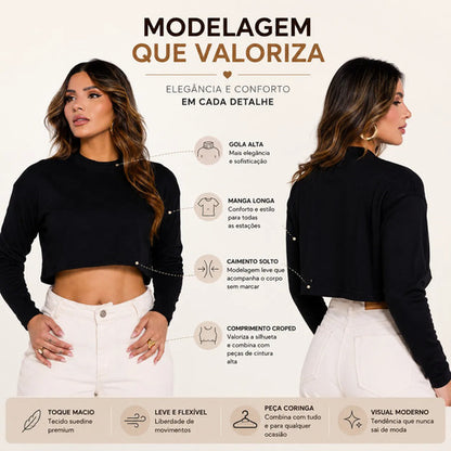 Blusa Cropped Manga Longa Feminino Gola Alta Suedine Premium