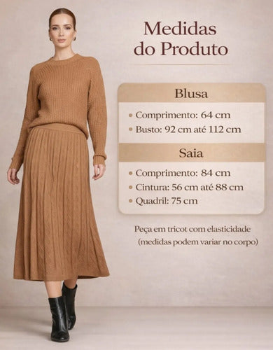 Conjunto Feminino Em Tricô Saia Blusa Manga Longa Quentinho