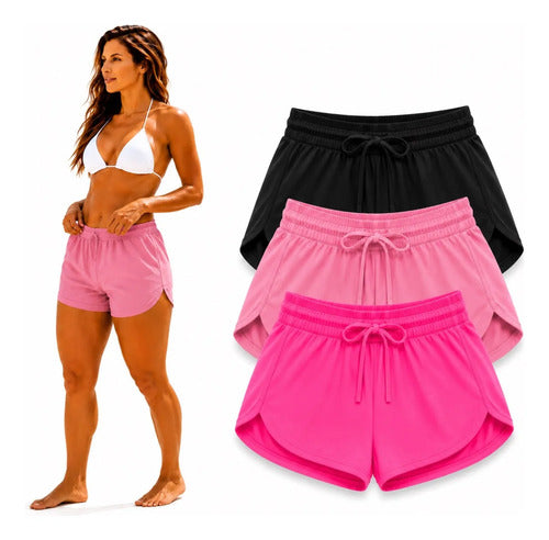 Kit 3 Short Feminino Tactel Academia Praia Piscina Verão