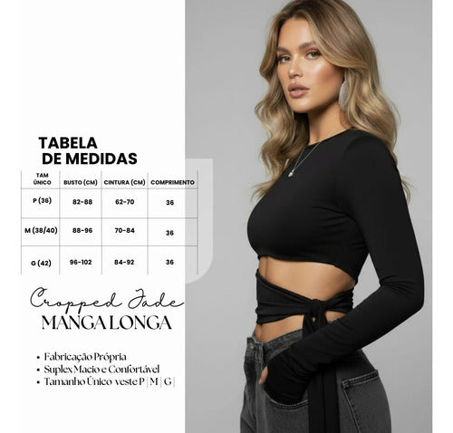 Cropped Manga Longa Feminino Amarração Cintura Moda Gringa