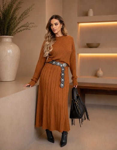 Conjunto Feminino Em Tricô Saia Blusa Manga Longa Quentinho