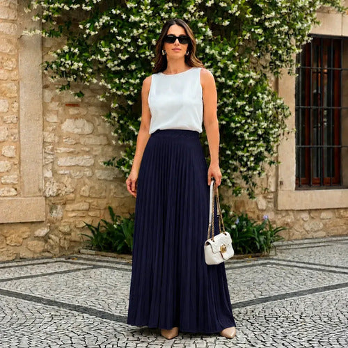 Saia Longa Feminina Plissada Cintura Alta Moda Evangélica