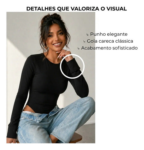 Body Feminino Manga Longa Gola Careca Liso Modelador Collant