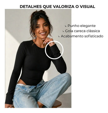 Body Feminino Manga Longa Gola Careca Liso Modelador Collant