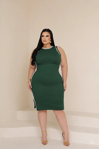 Vestido Midi Canelado Plus Premium Casual Básico Modelador