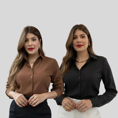 Kit 02 Camisas Feminina Social Manga Longa Casual Com Botões