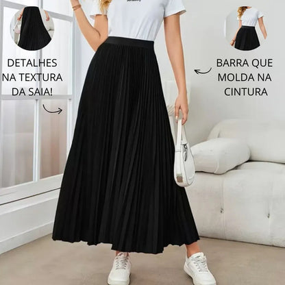 Saia Longa Feminina Plissada Cintura Alta Moda Evangélica