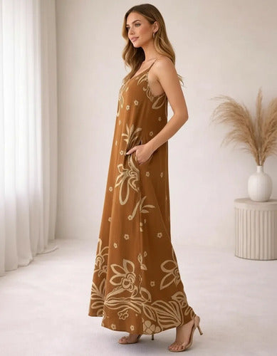 Vestido Feminino Longo Estampado Com Alça Regulável