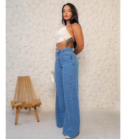 Calça Jeans Pantalona Wide Leg Feminina Cintura Alta 100%