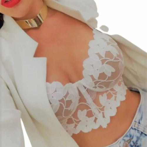 Cropped De Renda Meia Taça Alça Rendada Eleva Seio Plus Size