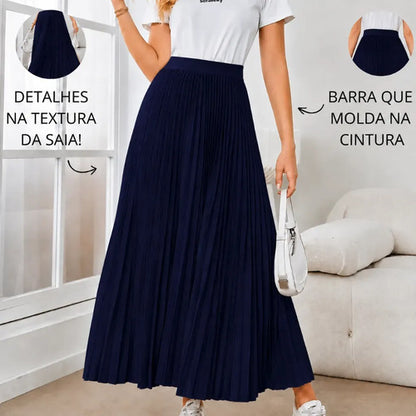 Saia Longa Feminina Plissada Cintura Alta Moda Evangélica