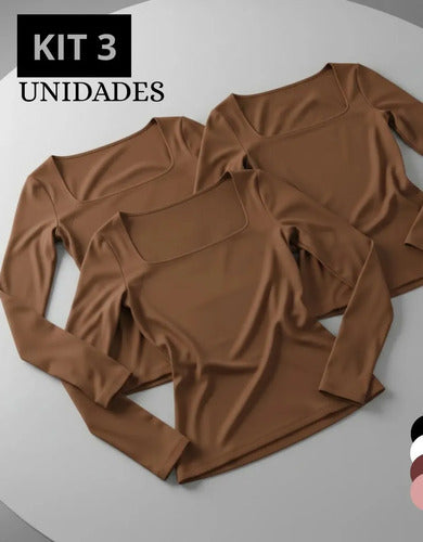 Kit 3 Blusa Manga Longa Inverno Decote Gola Quadrada