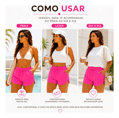 Kit 3 Short Feminino Tactel Academia Praia Piscina Verão