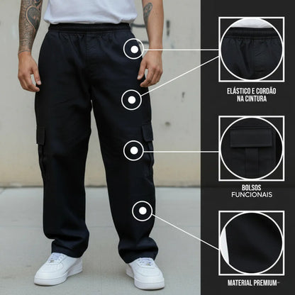 Calça Cargo Masculina Feminina Skate Larga Cordão Elástico