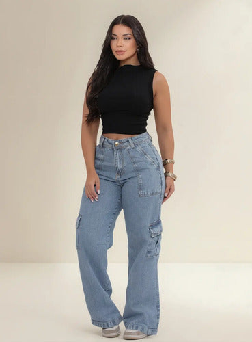 Calça Jeans Feminina Cargo Levanta Bumbum Cintura Alta 100 %
