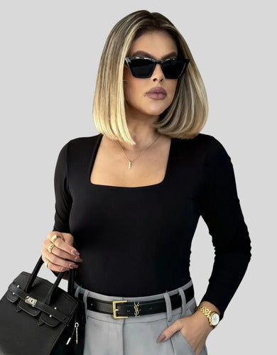Blusa Manga Longa Feminina Decote Quadrado Segunda Pele