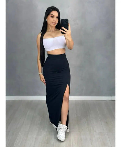Saia Midi De Cintura Alta Longa Com Fenda Lateral Sensual