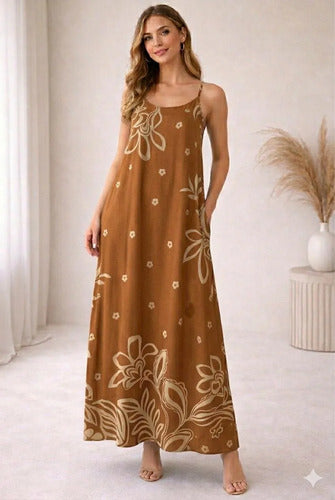 Vestido Feminino Longo Estampado Com Alça Regulável