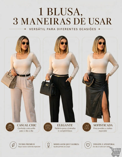 Blusa Manga Longa Feminina Decote Quadrado Segunda Pele