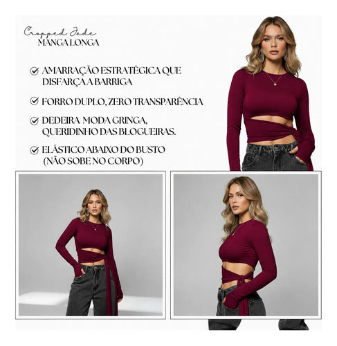Cropped Manga Longa Feminino Amarração Cintura Moda Gringa