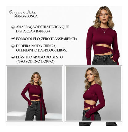 Cropped Manga Longa Feminino Amarração Cintura Moda Gringa