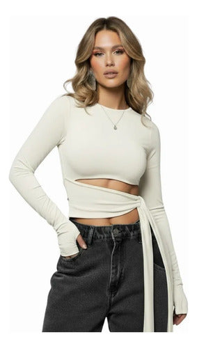 Cropped Manga Longa Feminino Amarração Cintura Moda Gringa