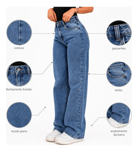Calça Jeans Wide Leg Feminina Cintura Alta Pantalona