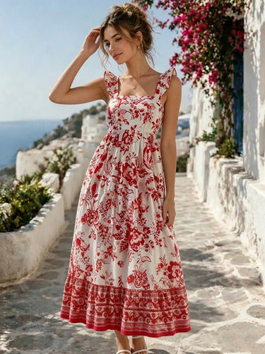 Long Dress with Straps, Ruffles, and Floral Print for Women
