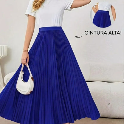 Saia Longa Feminina Plissada Cintura Alta Moda Evangélica