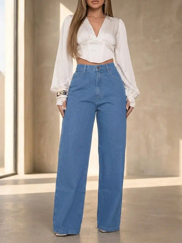 Calça Jeans Wide Leg Feminina Cintura Alta Pantalona