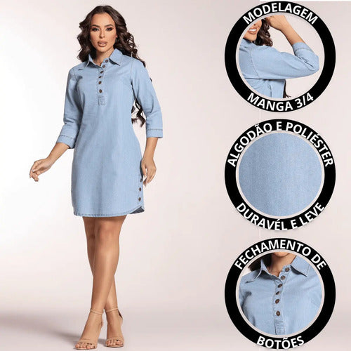 Chemise Jeans Feminina Manga 3/4 Leve Oversized Sem Lycra