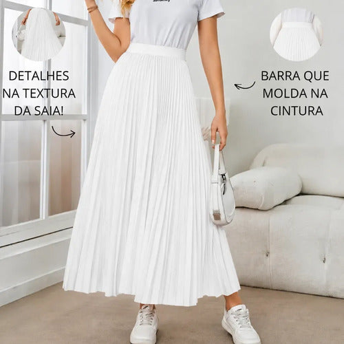 Saia Longa Feminina Plissada Cintura Alta Moda Evangélica