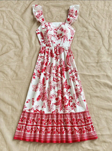 Long Dress with Straps, Ruffles, and Floral Print for Women