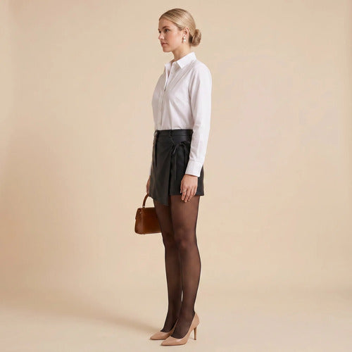 Short Saia Couro Sintético Feminino Cintura Alta Transpasse