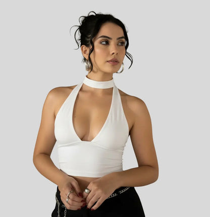 Cropped Top Amarraçao No Pescoço Poliamida Blogueira Balada